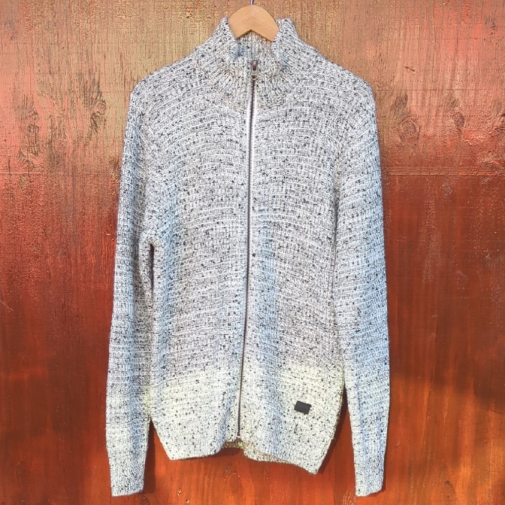 Gray Zip-Up‎ Sweater with Textured Knit and Standing Collar